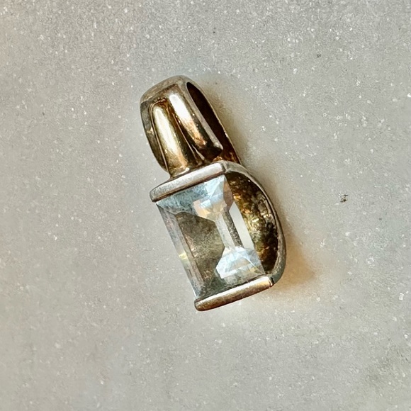 Aquamarine baguette necklace charm 925 silver and 18K gold vintage - Picture 5 of 5